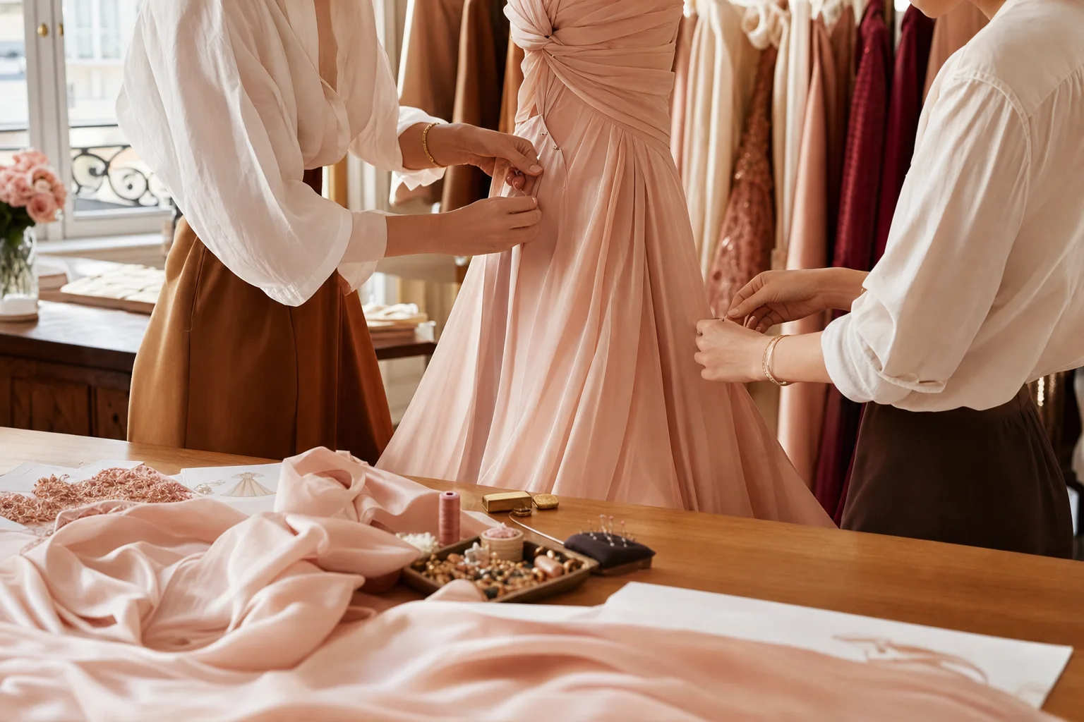 A Paris couture team making final adjustments to a blush silk dress in a warm daylight atelier
