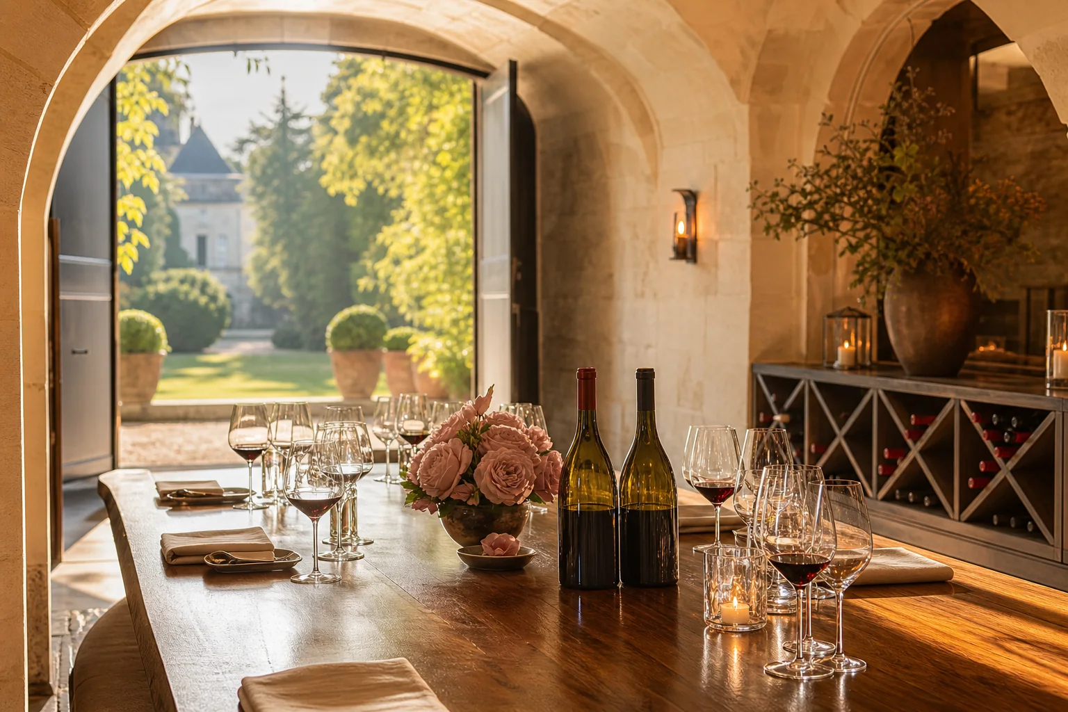 A luminous private château cellar prepared for an intimate tasting beside the sunlit garden