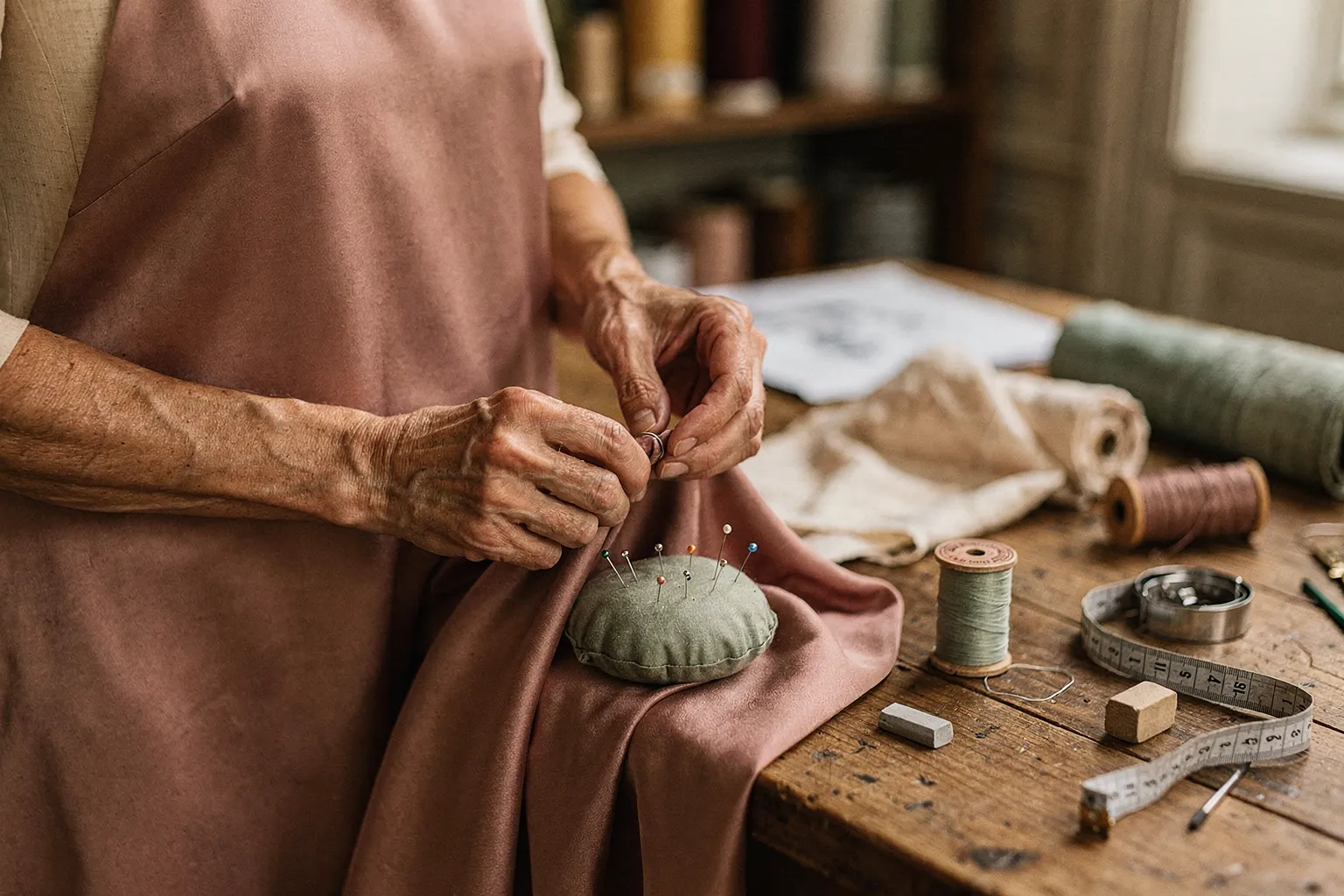 A couture artisan working carefully by hand with dusty rose silk in a quiet Paris atelier