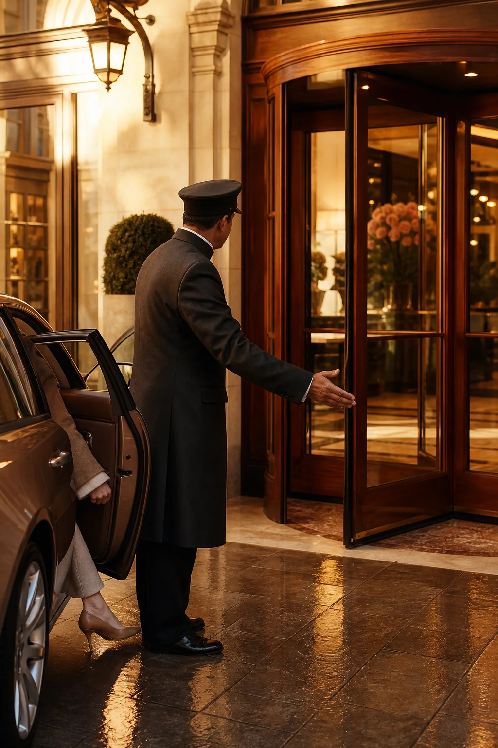 A discreet concierge welcoming a traveller at a Paris hotel in warm late-afternoon light