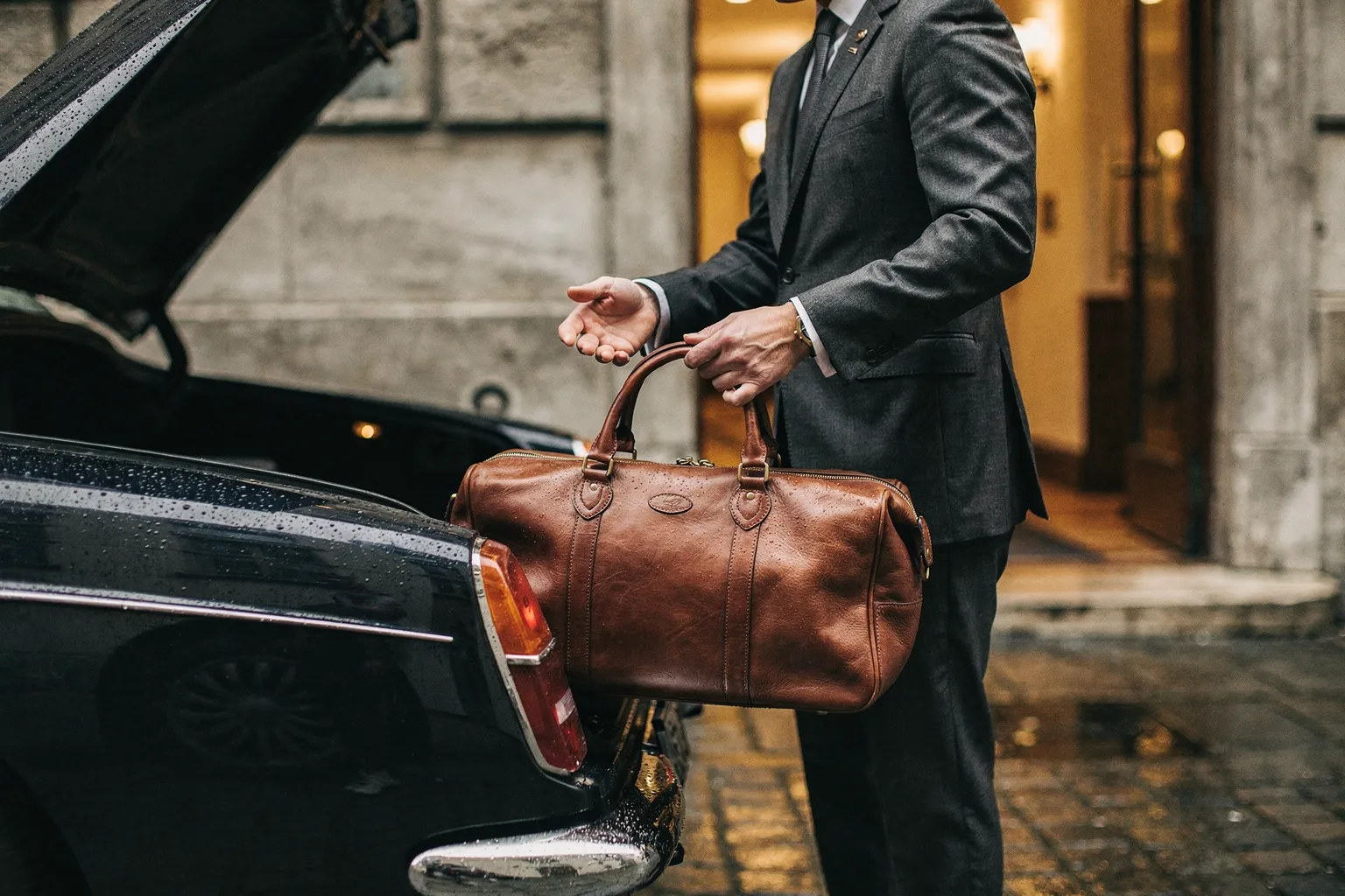A discreet concierge lifting an understated leather weekender during a quiet hotel arrival
