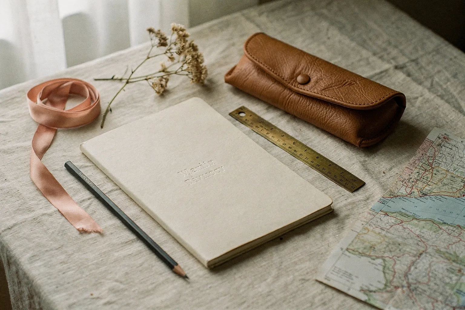 A bespoke journey folio with ribbon and planning tools arranged on tactile ivory linen
