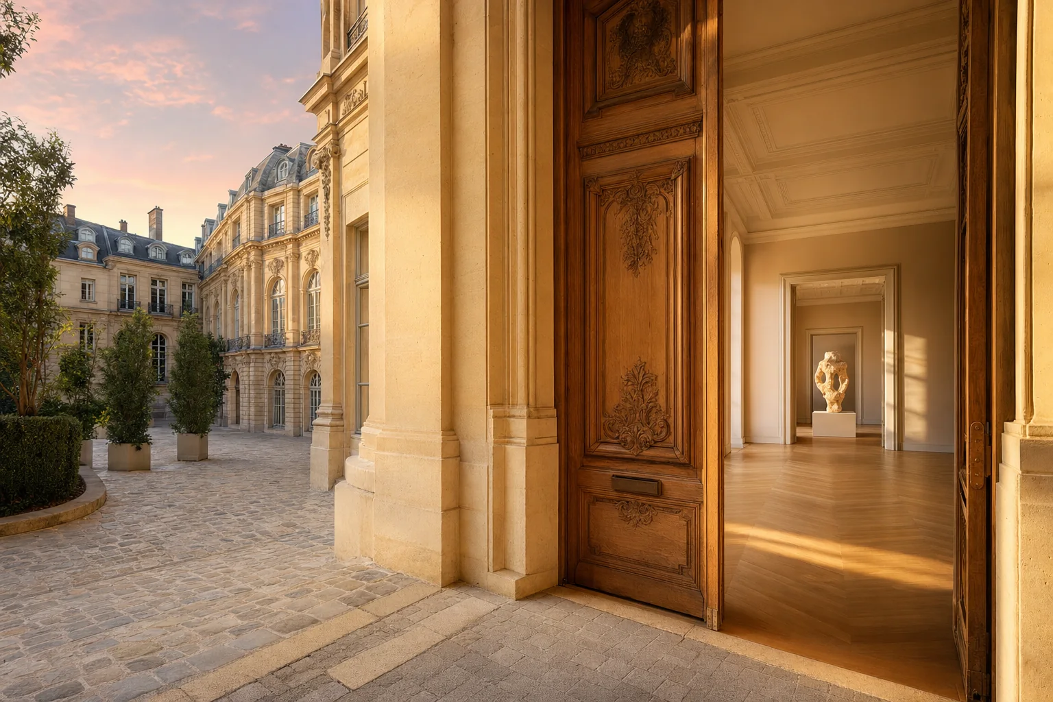 A private Paris cultural institution opened quietly in golden light beneath a pastel evening sky
