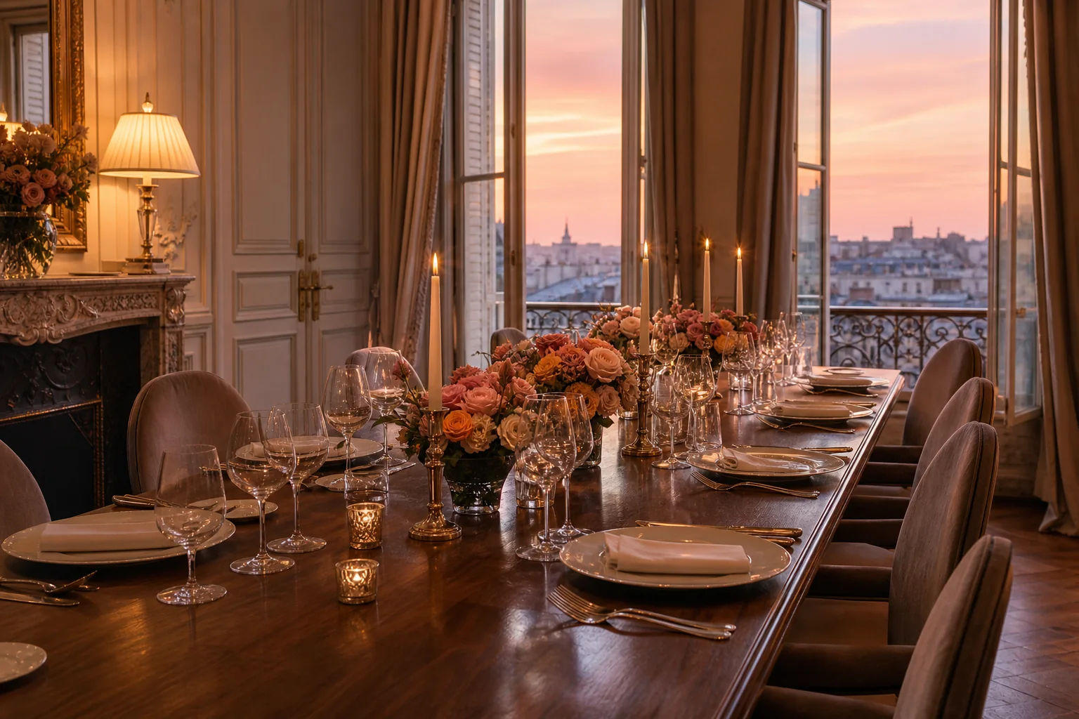 An intimate private dining room prepared in warm sunset light before the guests arrive